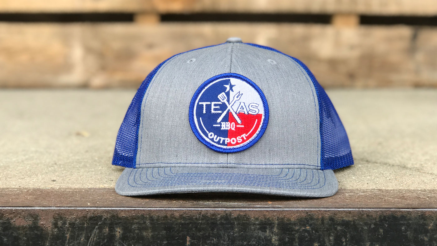 Texas BBQ themed custom royal blue mesh cap 