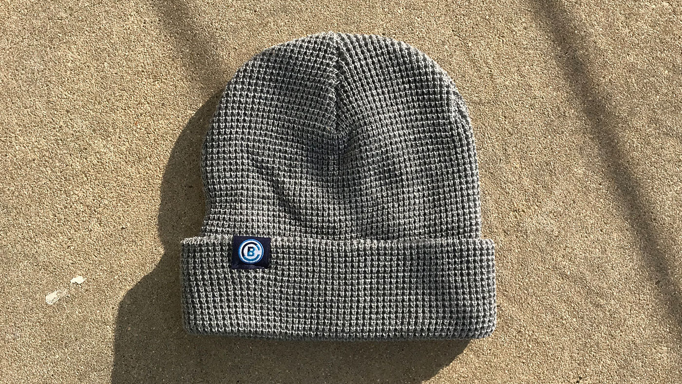 grey waffle knit beanie with clip label company logo 