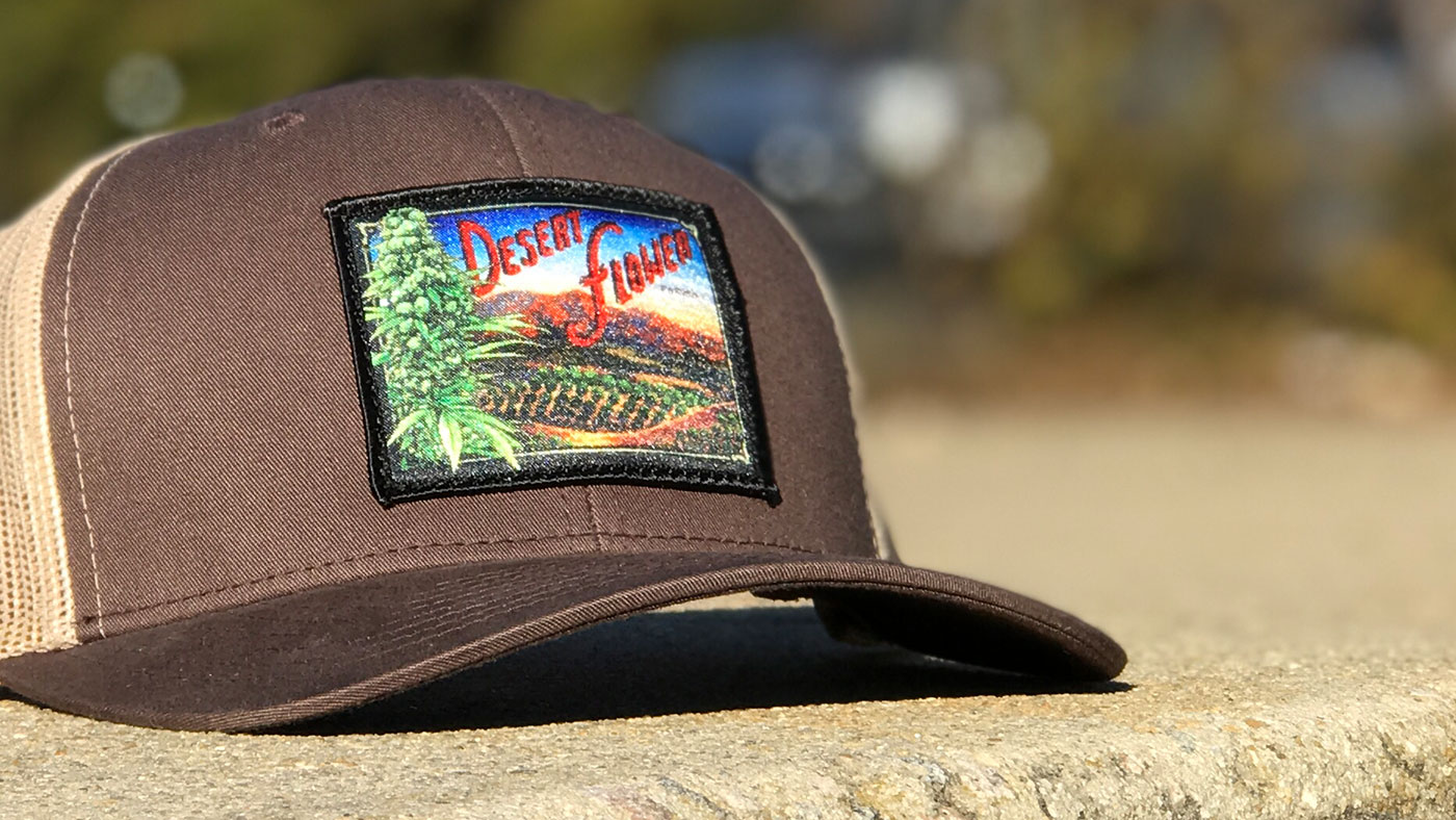 printed hemp farm business patch on brown trucker