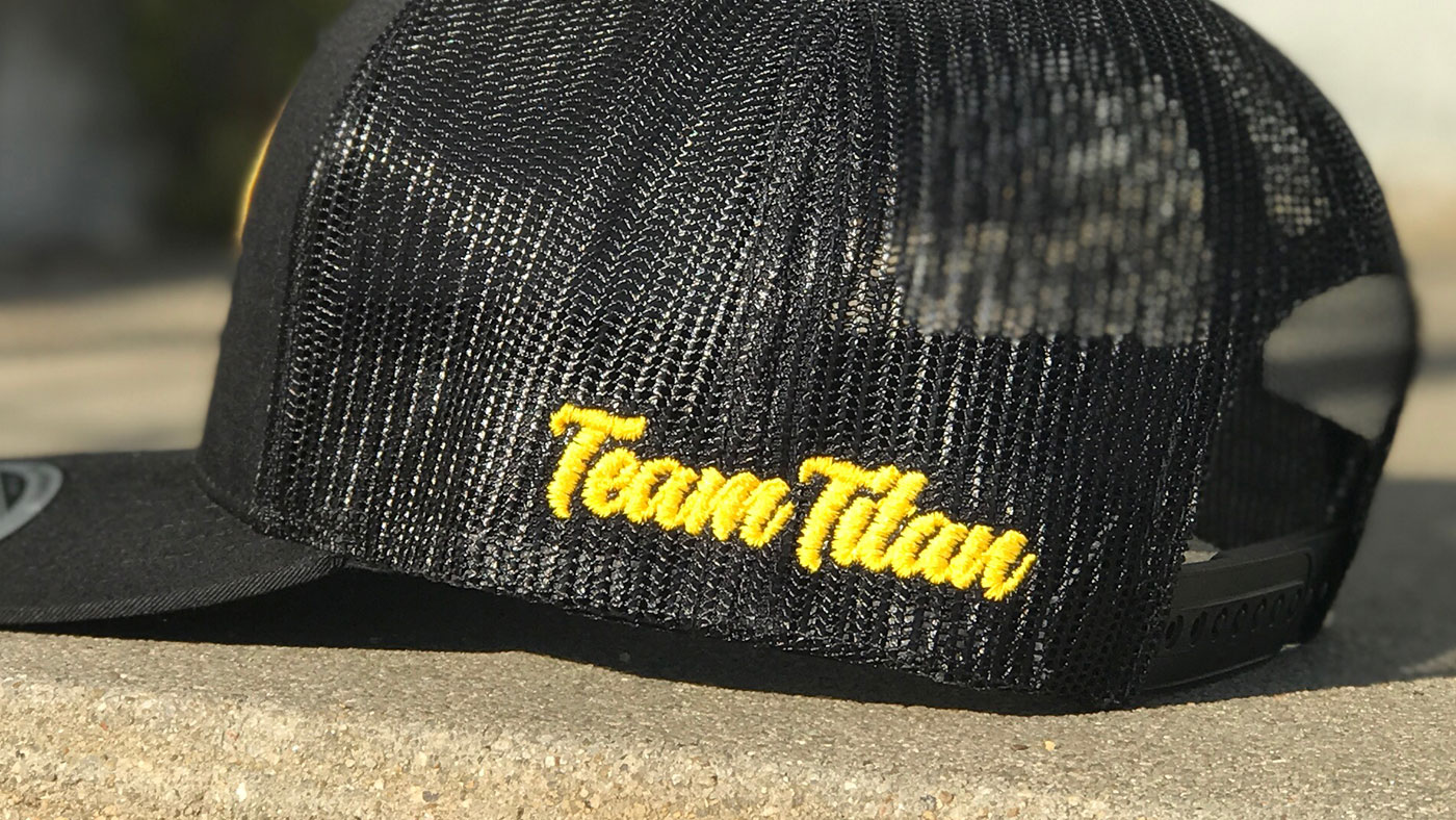 Custom team embroidery on side of Yupoong hat