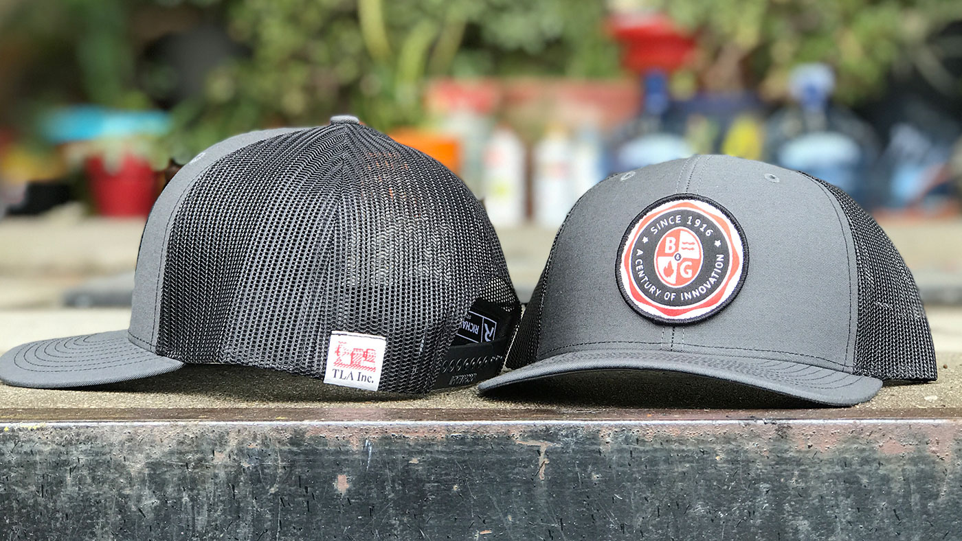 charcoal hat with front patch and side tag 