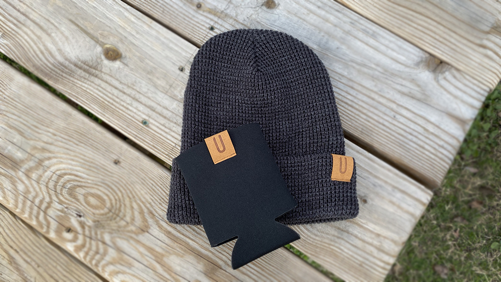 customized beanie and coozie with monogram logo