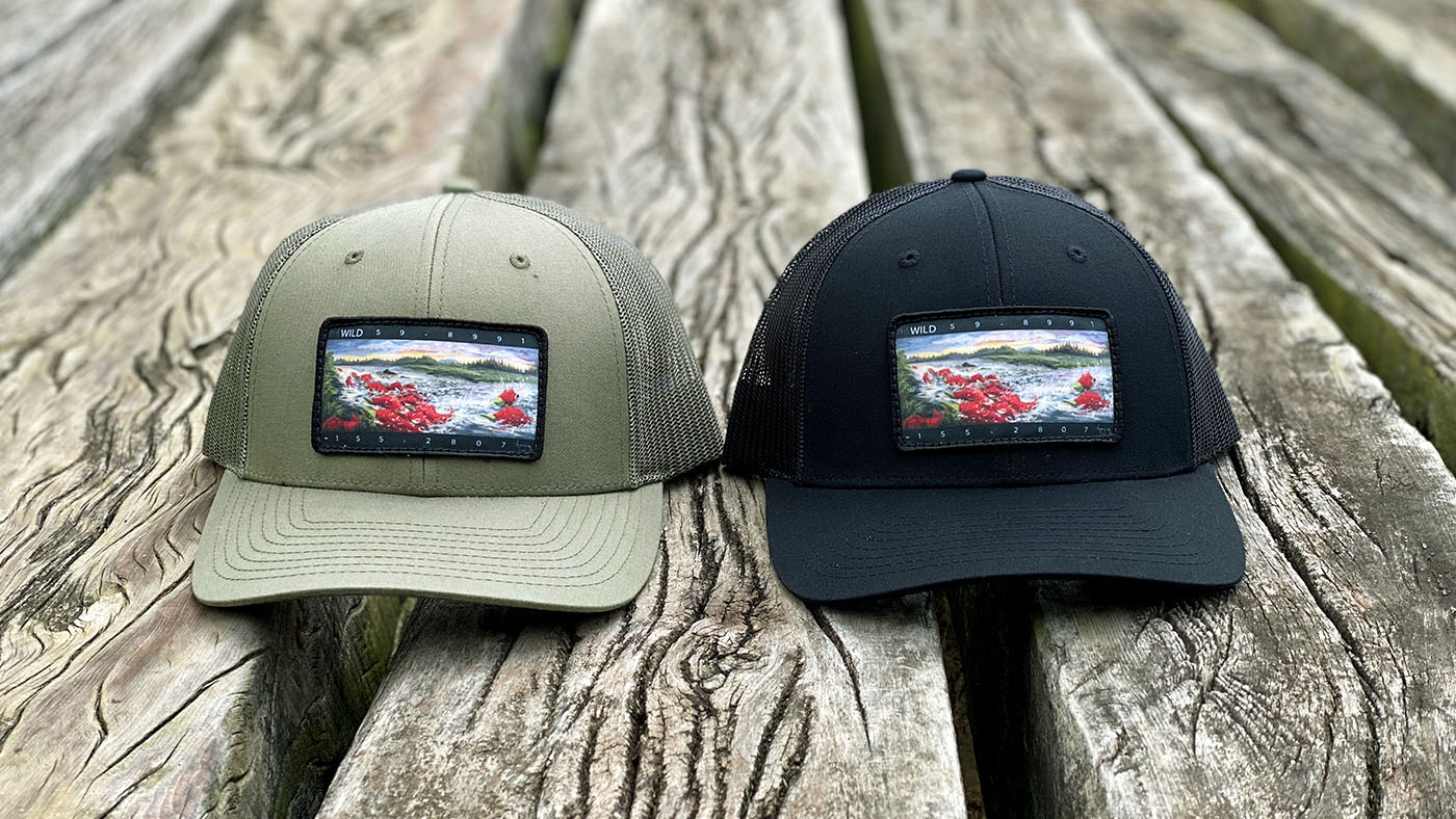 Loden and black truckers on the trail with printed patch 