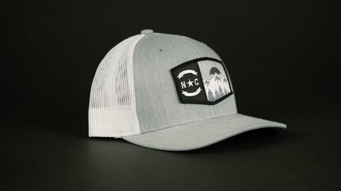 black and white NC Mountains patch hat 