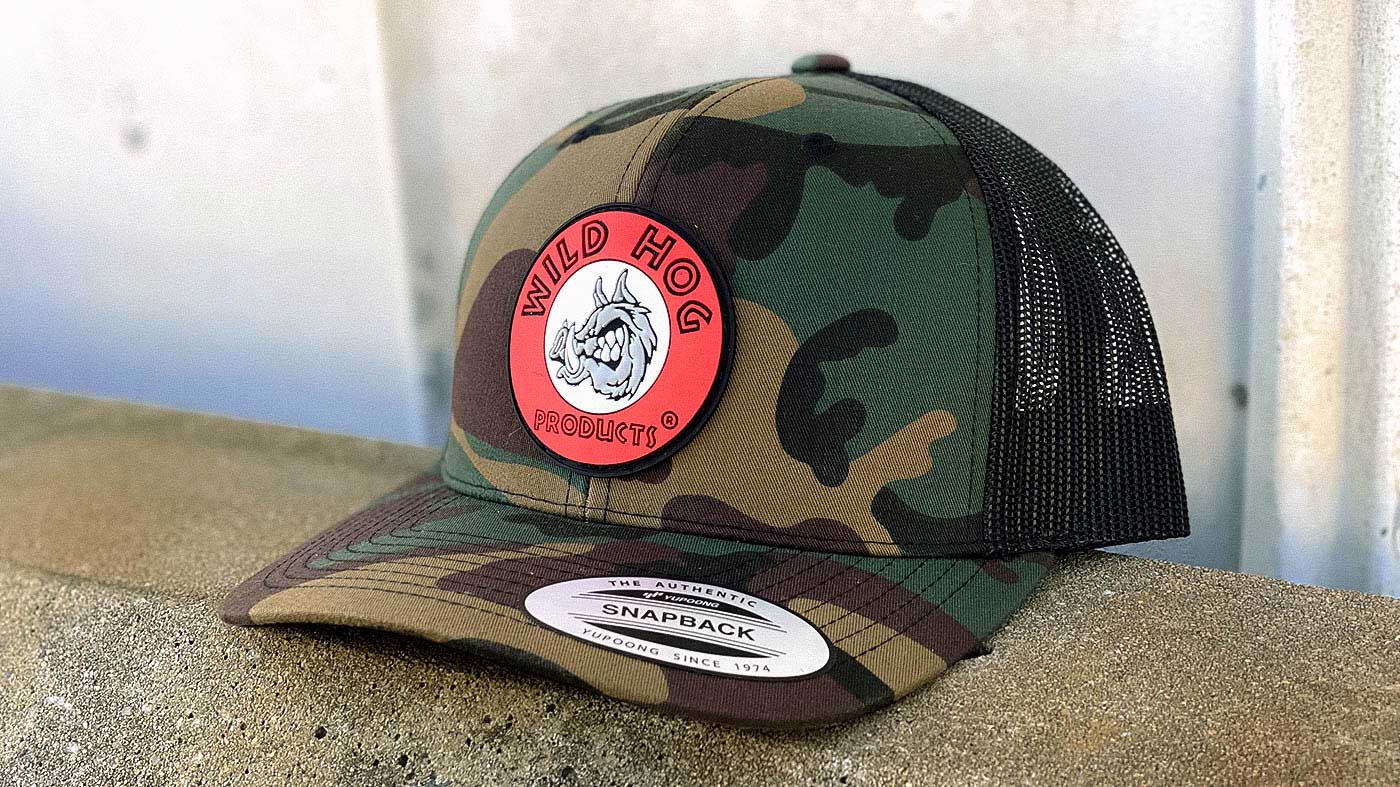 Camo Yupoong trucker with red WILD HOG patch