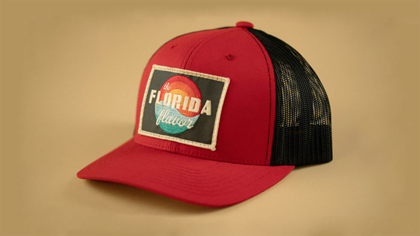 Red Trucker Hat With Large Embroidered Florida Flavor Patch Red Trucker Hat With Large Embroidered Florida Flavor Patch