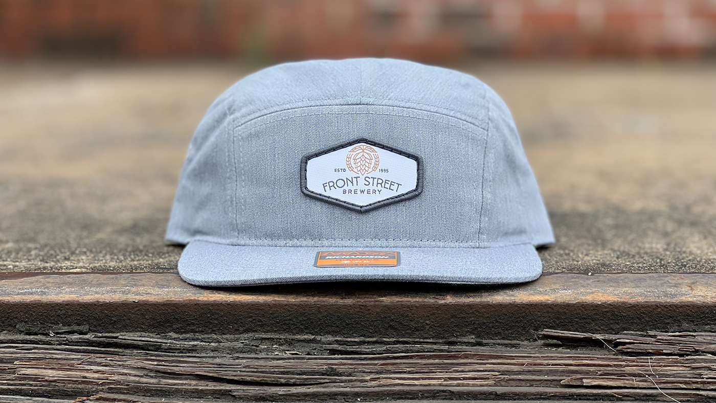 grey camp hat with brewery logo 