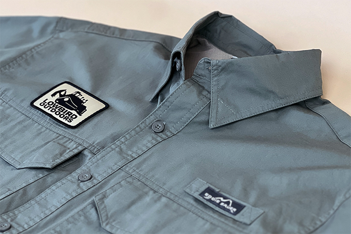 Eddie Bauer EB600 Long Sleeve Fishing Shirt With Custom Patch Decoration – Perfect For Rugged Outdoor Branding Or Event Team Apparel.