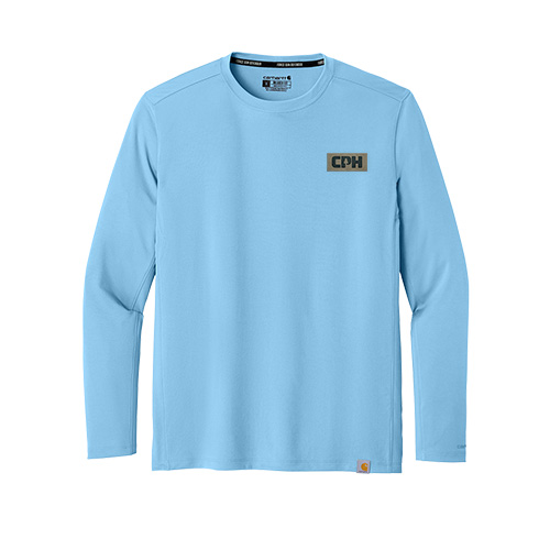 A personalized flat woven label stitched onto a premium Carhartt long sleeve performance shirt for tech remote workers.