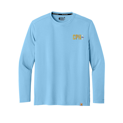 Direct embroidery of a corporate logo on a premium Carhartt performance shirt for renewable energy field teams.
