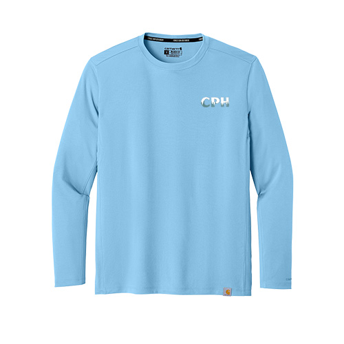 A custom silicone applique company logo on a high-quality Carhartt long sleeve shirt for tech teams.