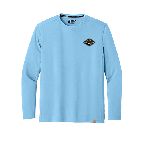 A company logo woven patch affixed to a light blue custom Carhartt performance long sleeve shirt for artisan beverage staff.