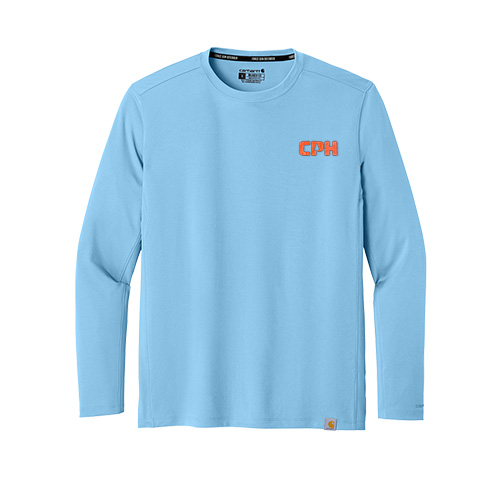Sleek customized TPU applique decoration on a light blue Carhartt performance long sleeve shirt for logistics teams.