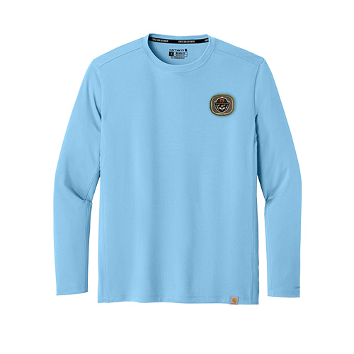 A custom embroidered patch displaying an engineering company logo on a light blue Carhartt performance shirt.