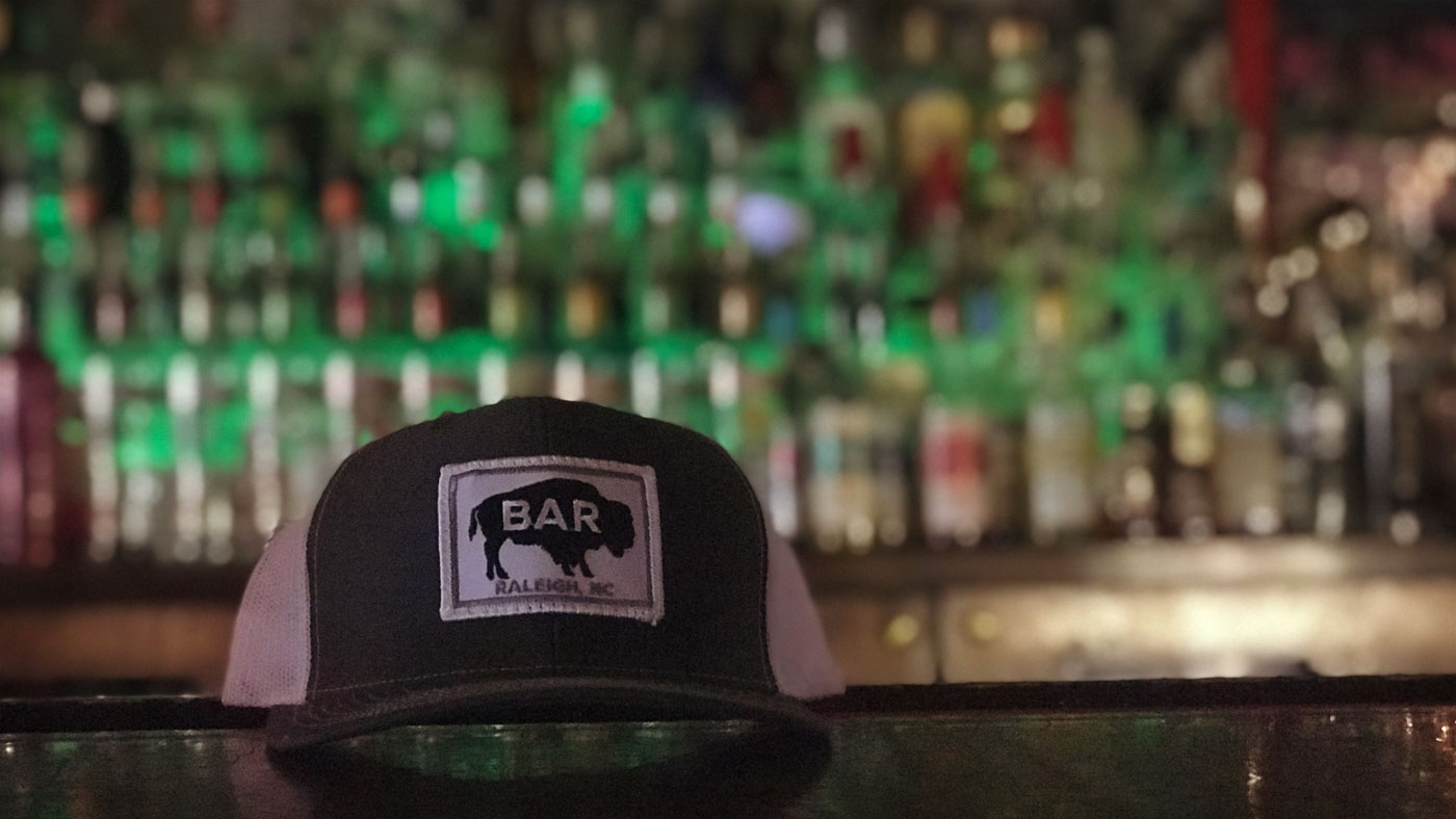 Bison Bar Embroidered Patch Hat Patch hat on a bar in downtown Raleigh