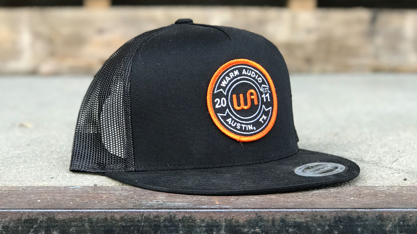 Custom Flat Bill Trucker Hat Custom Warm Audio Yupoong with circular logo patch