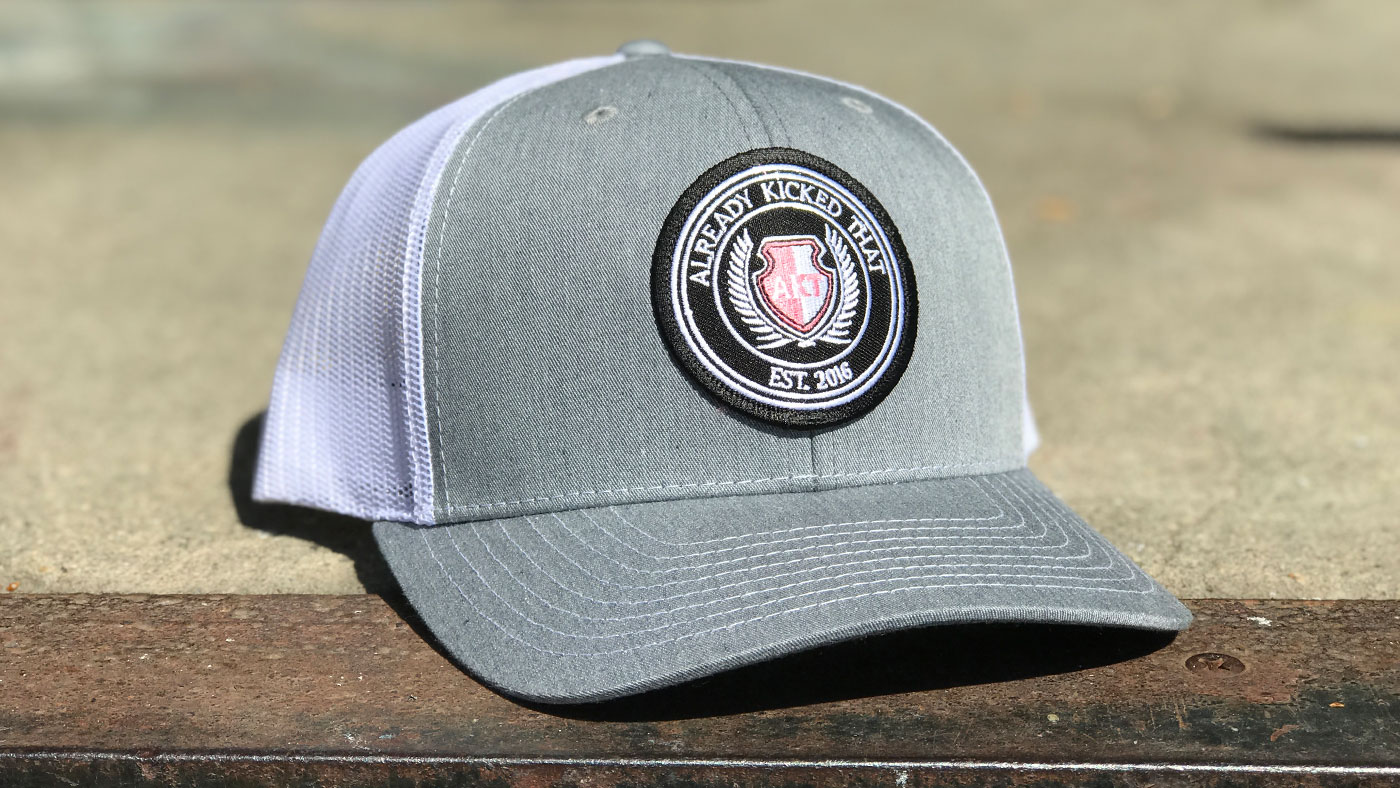 Custom Frat Hats Heather grey trucker with veteran patch