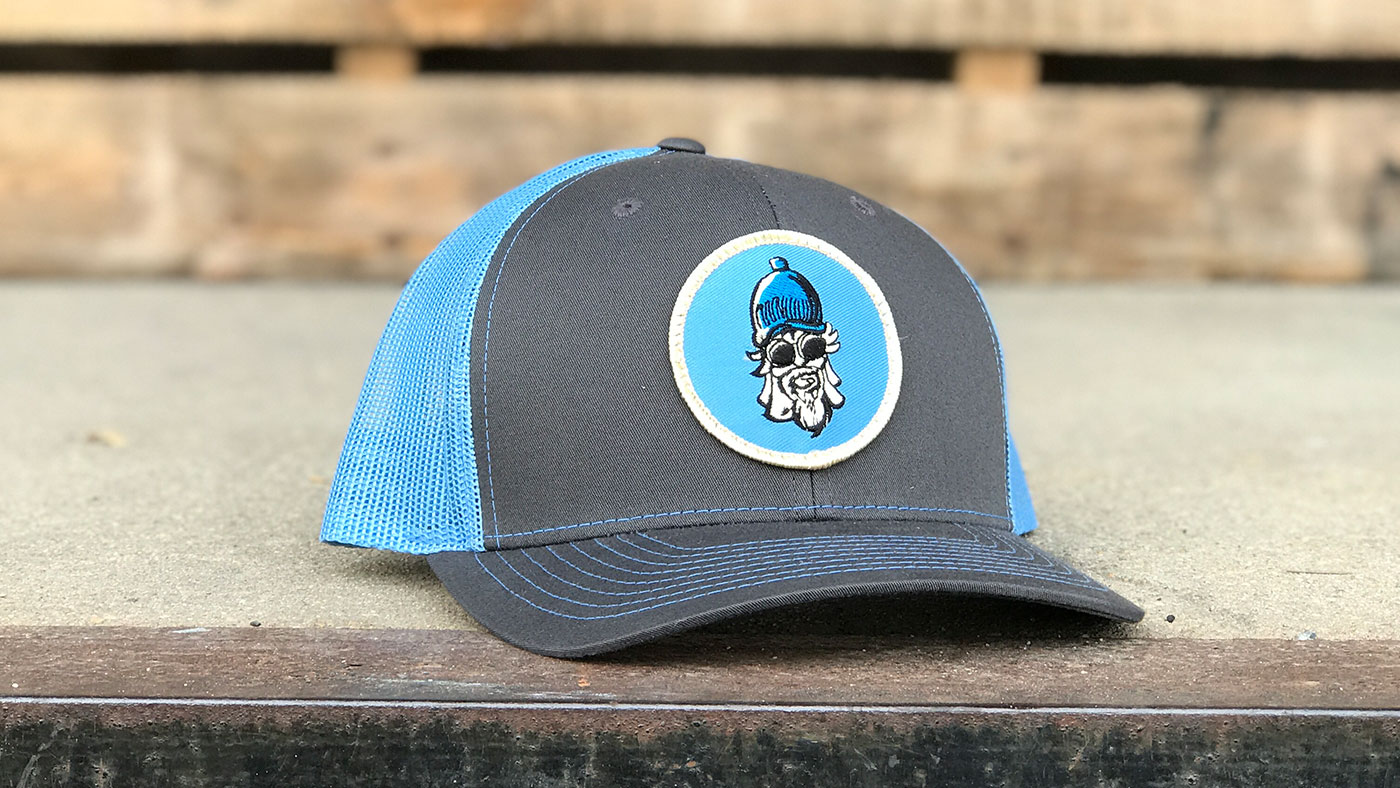 custom Richardson 112 mesh hat with matching blue patch 