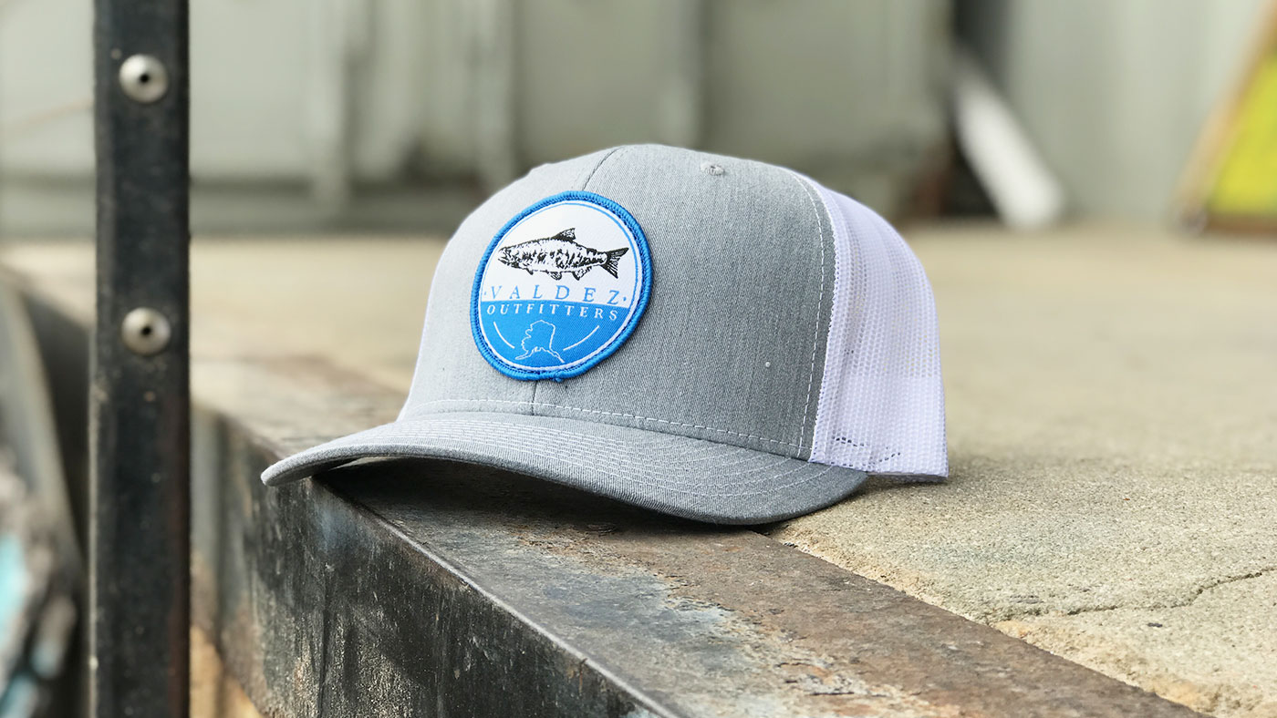 Custom Salmon Fishing Hat Custom fishing outfitters patch on heather grey cap
