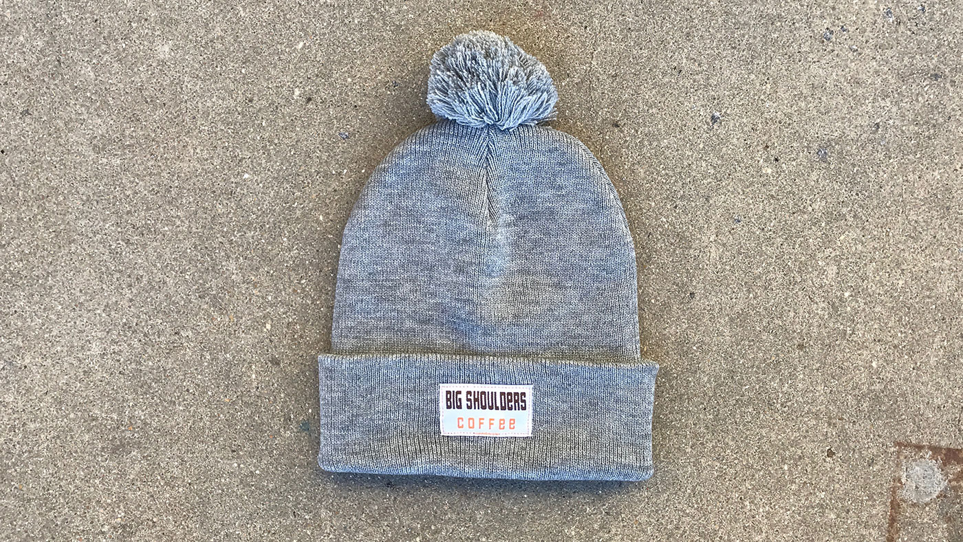 customized coffee shop grey pom beanie with clip label