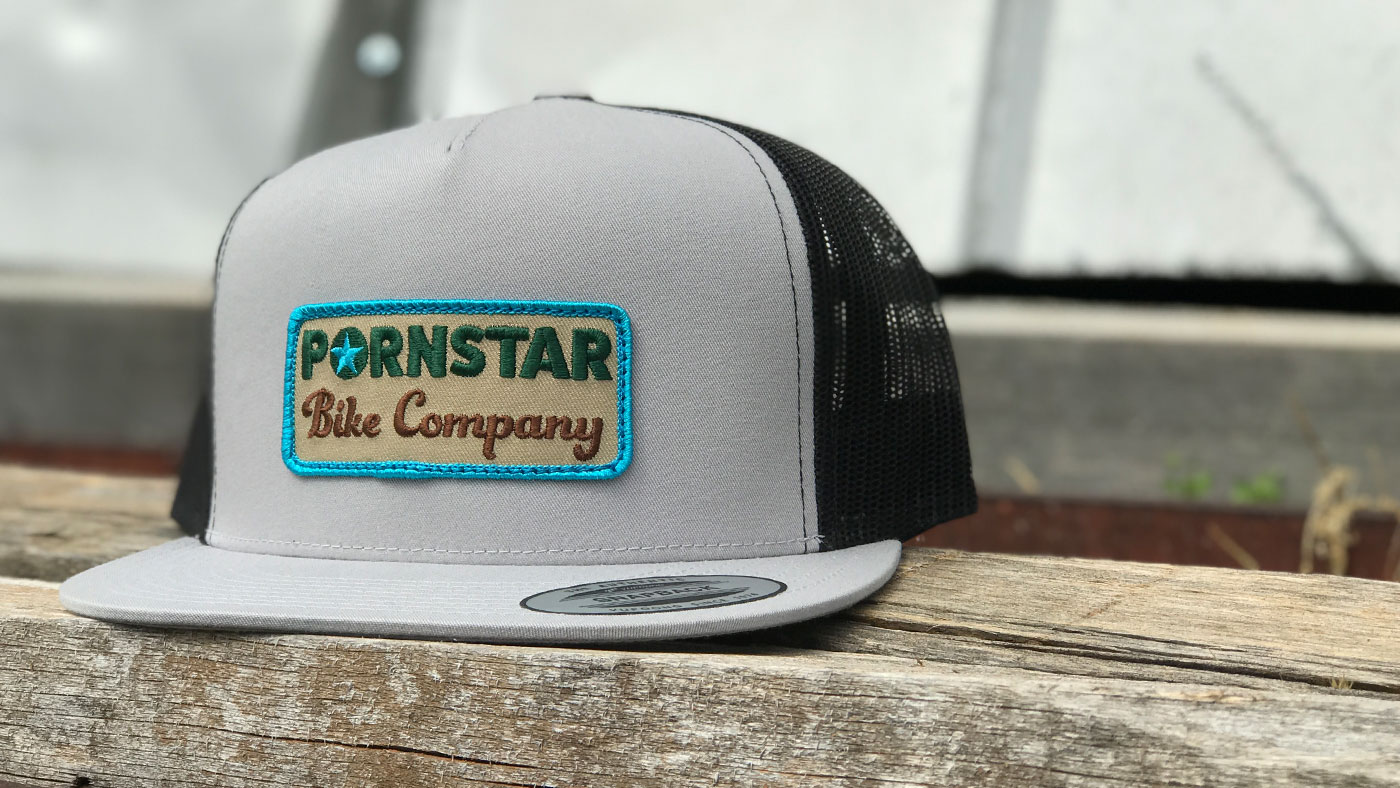 Flatbill Trucker With Custom Patches Hat PORNSTAR bike company custom flat bill high profile cap