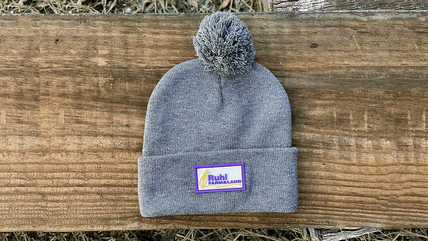 grey custom beanie with pom 