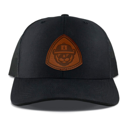 R112 Black Leather Bear Patch Hat