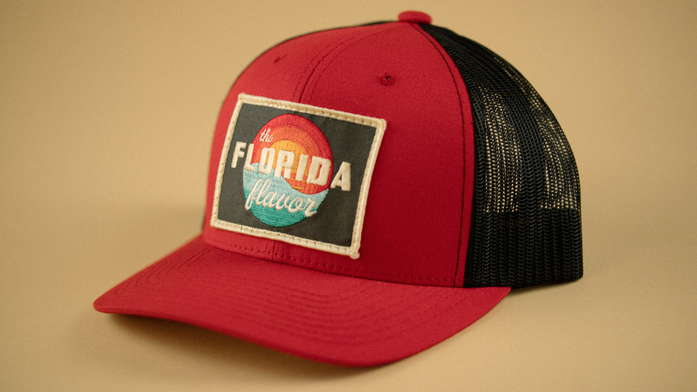 Red-Trucker-Hat-with-Large-Embroidered-Florida-Flavor-Patch Red Trucker Hat With Large Embroidered Florida Flavor Patch Hat