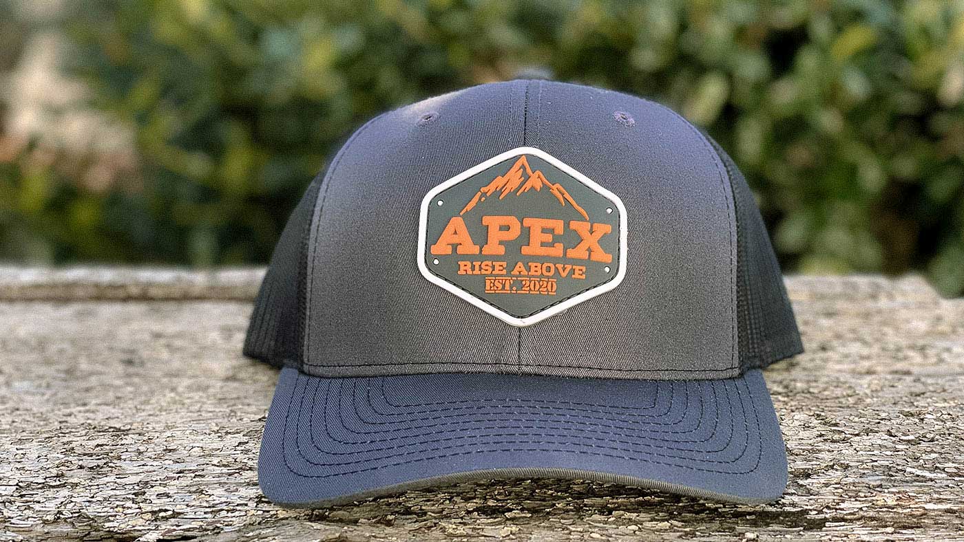 APEX Company Logo Patch on charcoal trucker 