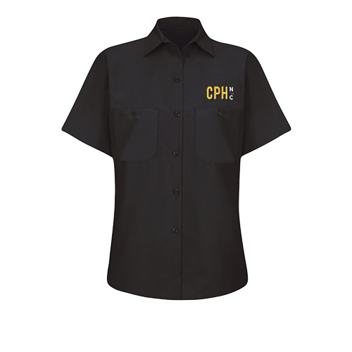 Professional branded direct embroidery on a customized Red Kap women's industrial work shirt.