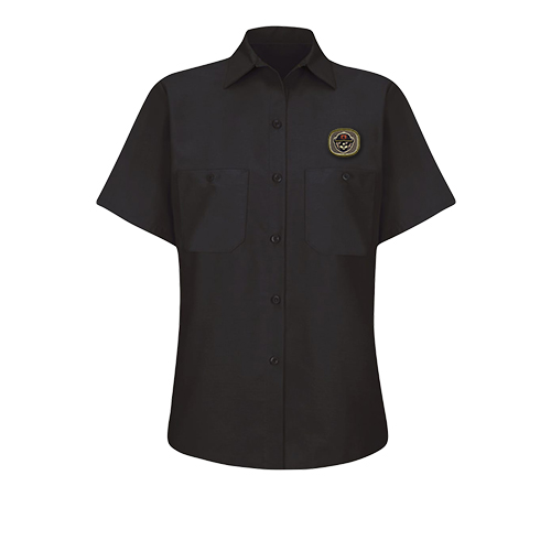 Tailored black Red Kap women's work shirt fully customized with a permanent embroidered logo patch.