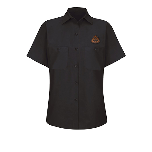 Premium Red Kap women's shirt customized with a debossed leather logo patch for corporate teams.