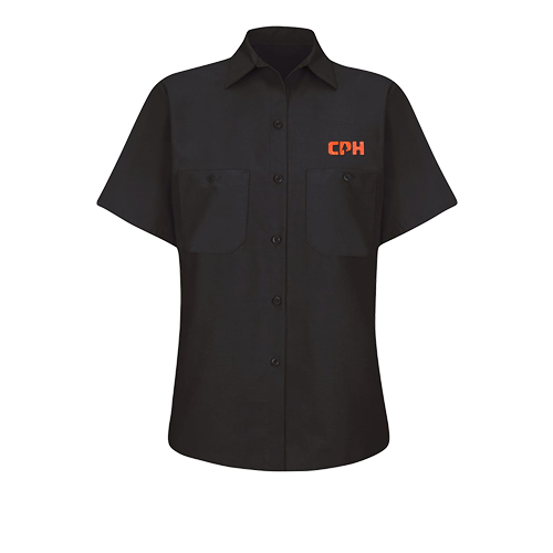 Customized Red Kap women's work shirt with a lightweight, modern TPU logo applique.