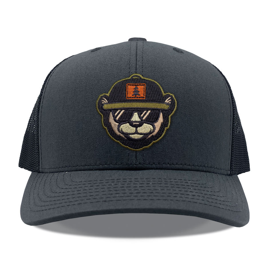 Yupoong 6606 Charcoal Black Die Cut Embroidered Bear Patch Hats