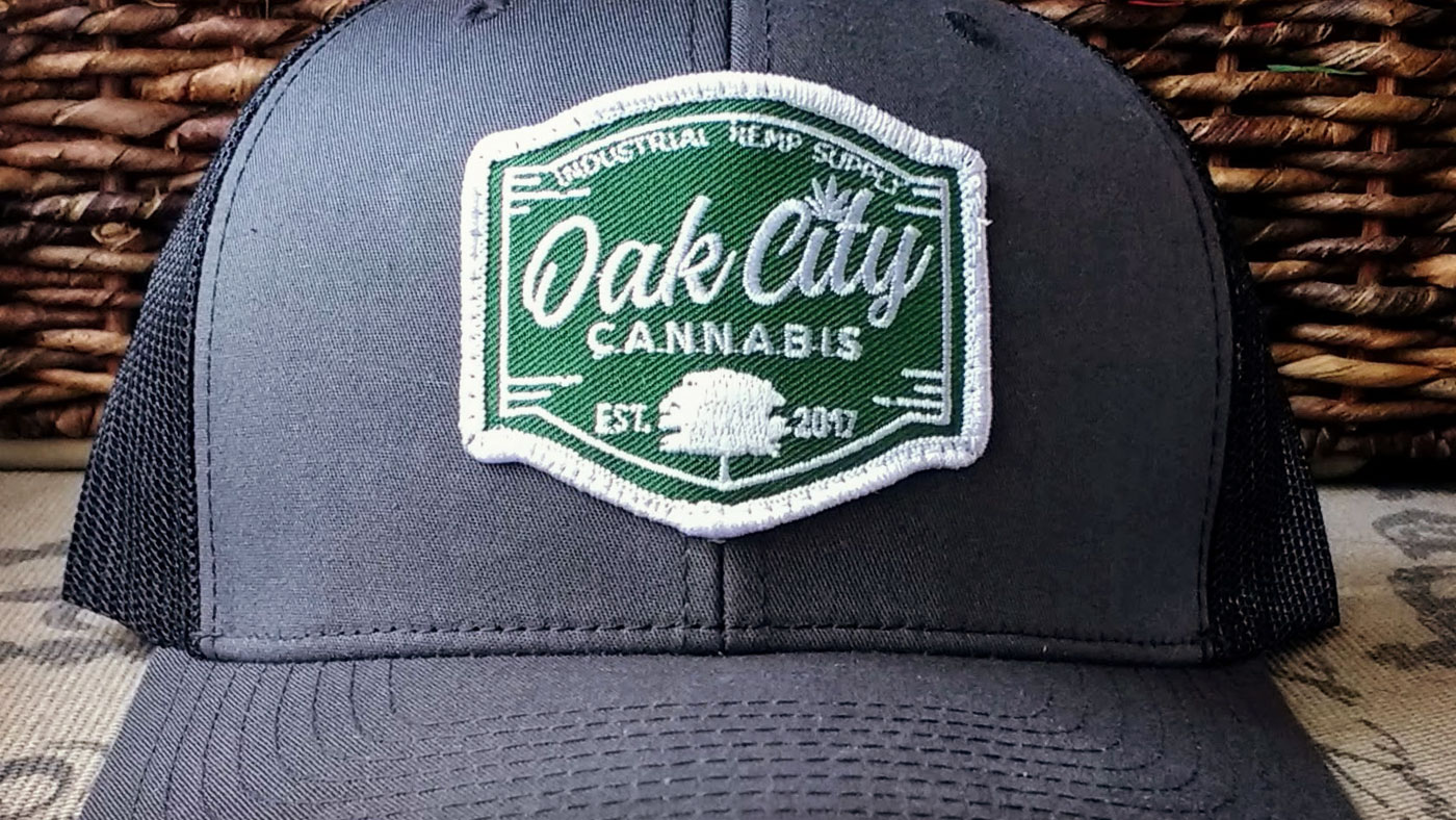 Cannabis Hemp Custom Patch Hat Oak City Cannabis patch design closeup on charcoal cap