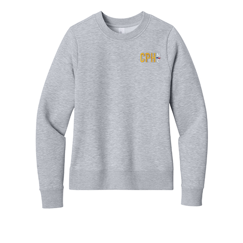 District women's fleece crewneck featuring custom direct-to-garment logo embroidery.