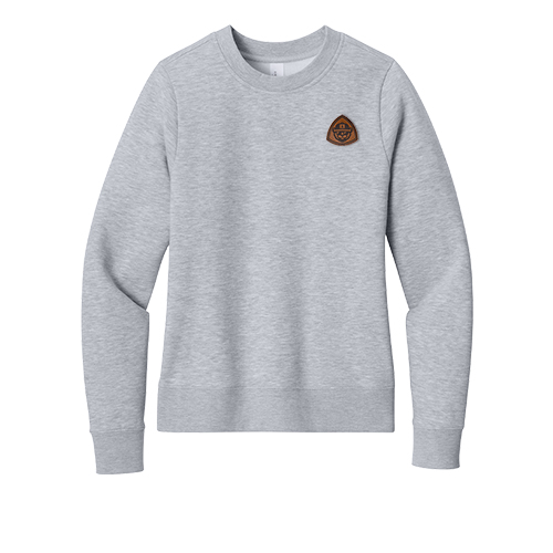 District women's sweatshirt customized with a premium debossed leather logo patch.