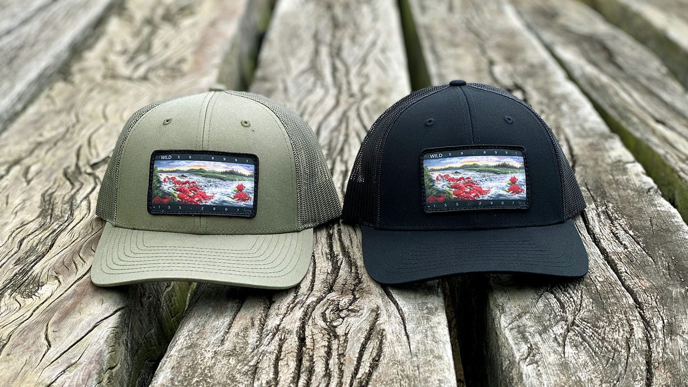 Loden and black truckers on the trail with printed patch 