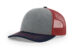 Custom logo-ready Richardson 112 hat with navy bill, heather grey front, red mesh