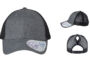 Infinity Her Womens Ponytail Trucker HEather Grey Black front and sides. Women's sports team custom hats.