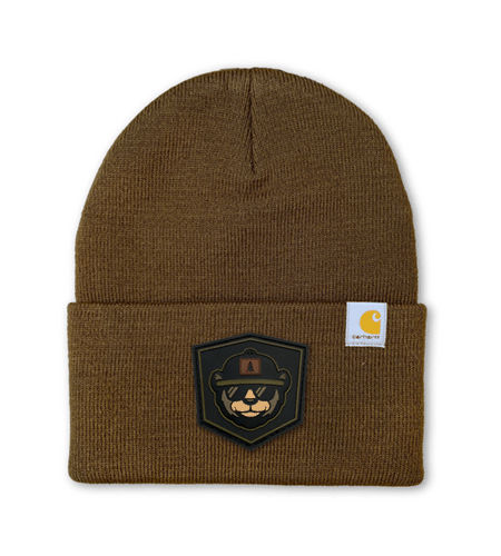 Carhartt custom beanie with PVC rubber patch logo for durable branding.