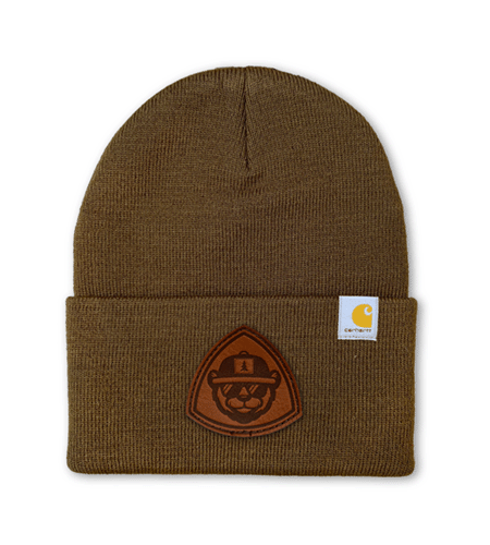 Carhartt acrylic beanie with custom engraved leather patch logo.