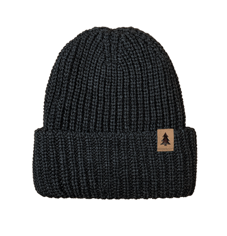 Chunky knit cuffed beanie with leather clip label logo.