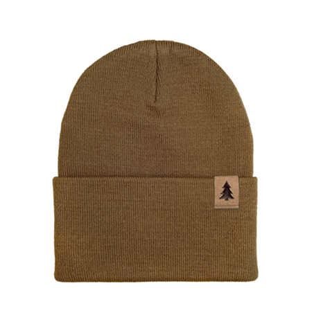 Carhartt beanie in Carhartt Brown showing an example of a suede clip label attached to the cuff to demonstrate how custom suede labels look on Carhartt workwear.