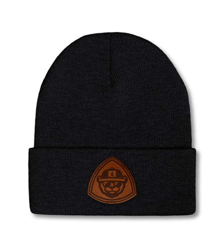Sportsman cuffed beanie with custom leather patch branding.