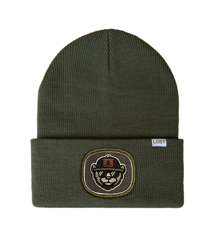 Cold Front beanie with embroidered patch logo, wholesale hats.