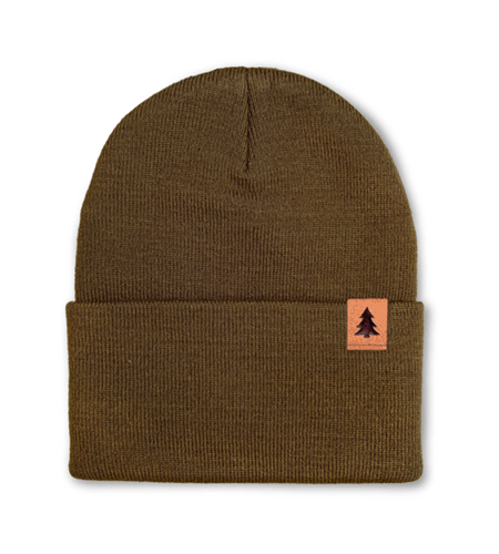 Carhartt beanie featuring suede clip label with custom branding.