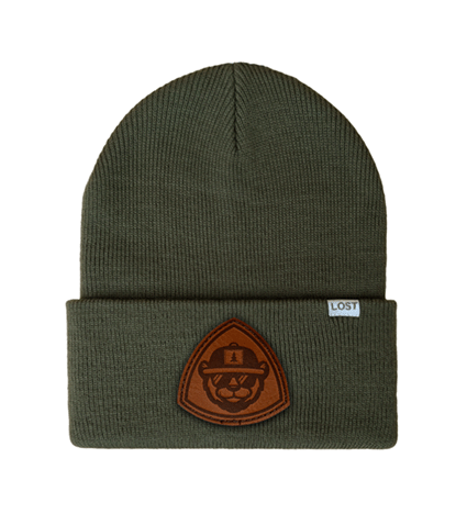 Lost Hat Co. Cold Front acrylic beanie with leather patch branding.