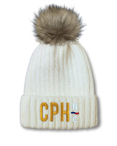 Custom Women's pom beanie with direct embroidery logo, winter headwear.