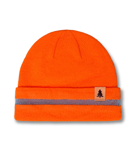 CornerStone visibility knit beanie with suede clip label logo.